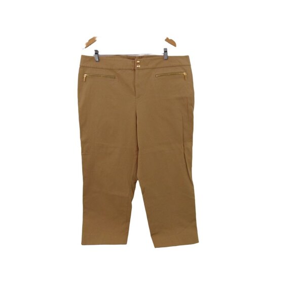 Lauren Ralph Lauren Pants - Lauren Ralph Womens Tan Cropped Pants 18W Plus Flat Front Gold Zippers Stretch